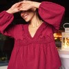 Women's Burgundy Lace V-Neck High-Low Blouson Sleeve Top - Cupshe - 2 of 4