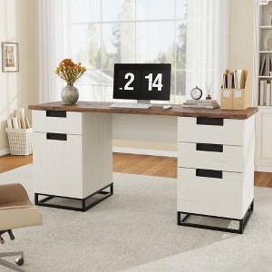 59" Executive Desk, Farmhouse Computer Desk with File Drawers and Cabinet, Home Office Desk, Wood Computer Table for Work, Study, Antique White - 1 of 4