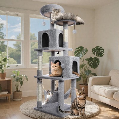 54.3" Cat Tree Tower for Indoor Cats - Multi-Level Furniture Activity Center with Scratching Posts, Perch, Hammock, Condo, Pompoms