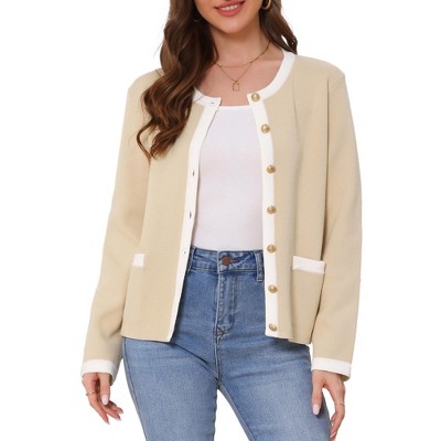 INSPIRE CHIC Women's Knitted Short Sleeve Contrast Button Down Crew Neck Sweater Cardigan
