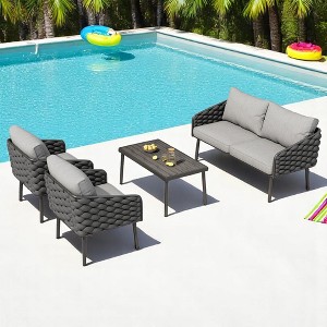 4-Piece Outdoor Patio Furniture Set with Rope Woven Chairs, Loveseat, Plastic-Wood Coffee Table, Water-Repellent Cushions & Rust-Resistant Frame - 1 of 4