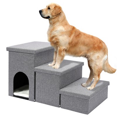 Ashfield & Harkness 3-Step Gray Fabric Pet Stairs with Storage