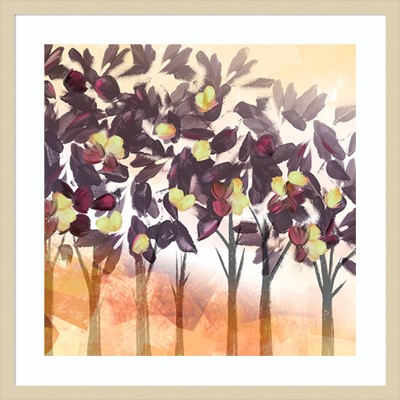 Purple Trees Expressionist Graphic Art in Natural Wood Frame
