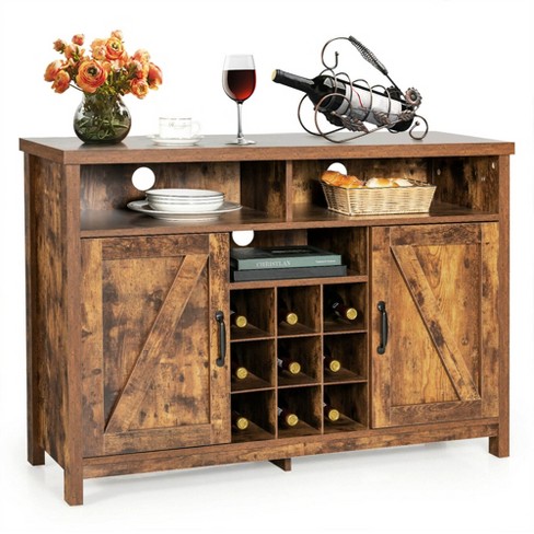 Costway Buffet Storage Cabinet Farmhouse Sideboard w 9 Bottle Wine Rack 2 Doors Rustic