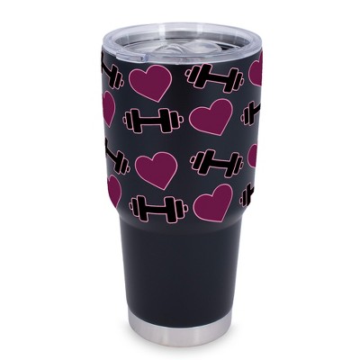 100 North 30 Ounce Stainless Steel On the Go Travel Tumbler With Push Top Lid, Hearts and Weights Black