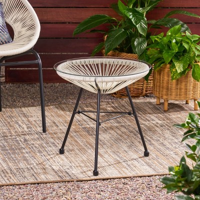 VisioGear Square End Table, End Table with Glass Top, Patio Coffee Bistro Table for Indoor Garden Porch Balcony, White & Black, 17.75"*17.75"*18"