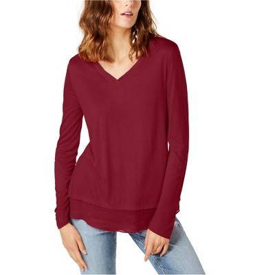 I.N.C International Concepts Womens Sheer trim Basic T-Shirt, Red, Medium
