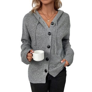 BLUEMING Womens Cardigans Open Front V Neck Button Down Hooded Sweaters Long Sleeve  Casual Hollow Out Knit Tops - 1 of 4