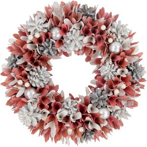 Northlight 13" Pink and White Wooden Floral Christmas Wreath with Pinecones - 1 of 4