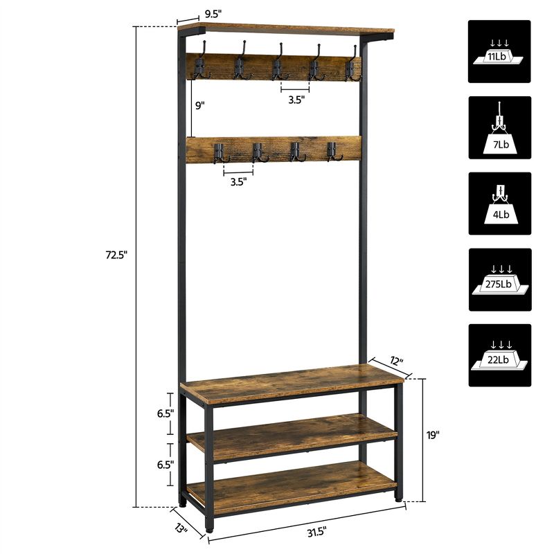 Yaheetech 72.5" H Industrial Hall Tree 3-in-1 Entryway Coat Rack with Top Board & Bench & Shoe Storage, Rustic Brown, 4 of 8