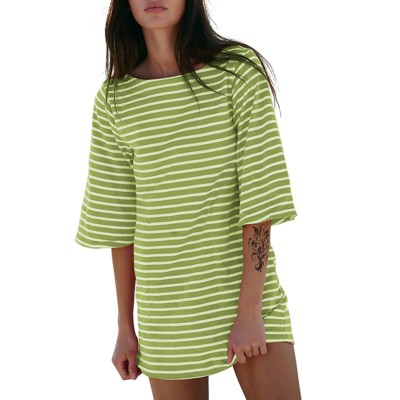 EXLURA Women's 2025 Summer Oversized Short Sleeve T Shirt Dress Casual Crew Neck Striped Tops Loose Sundress with Pockets