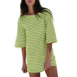 EXLURA Women's 2025 Summer Oversized Short Sleeve T Shirt Dress Casual Crew Neck Striped Tops Loose Sundress with Pockets - 1 of 4