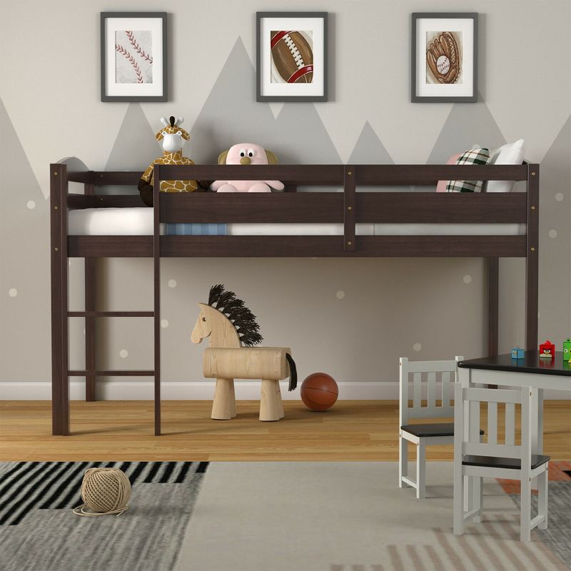 Costway Twin Low Loft Bunk Junior Bed Bedroom Wooden Guard Rail Ladder White/Espresso/Grey, 2 of 11