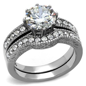 Slickblue Women’s Bridal Ring Set, Silver, 8mm Round CZ Center, Accent Stone Band, Polished Stainless Steel, Size 5-10 - 1 of 4