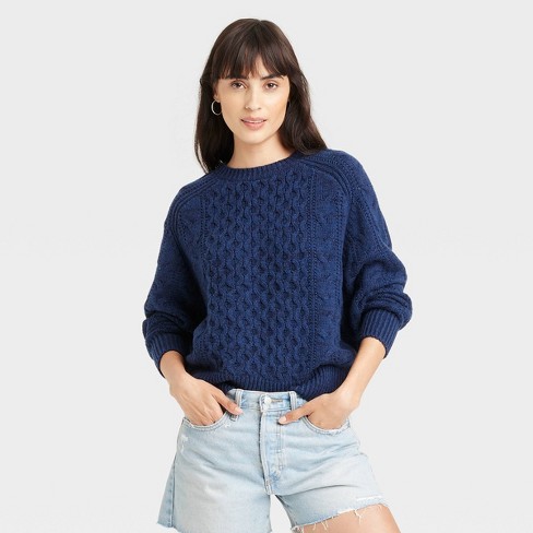 Women s Crewneck Cable Knit Pullover Sweater Universal Thread Navy Blue L Target