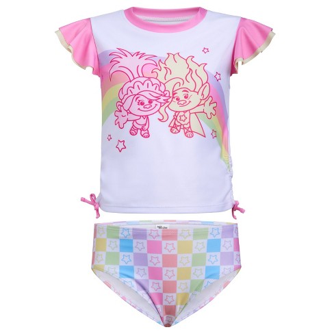 Trolls Poppy Viva Rainbow Girls Upf 50+ Rash Guard And Bikini Bottom Swimsuit  Set Little Kid : Target