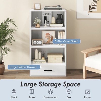White 48" Modern Wood Bookcase with Drawer and Shelves