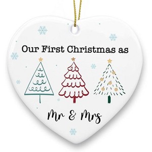 Lomsoe Our First Christmas as Mr Mrs Married Ornament Wedding Anniversary Couples Gift Wedding Christmas Heart Ceramic Xmas Tree Ornament Decor - 1 of 1