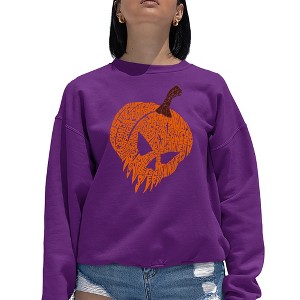 LA Pop Art Evil Pumpkin - Women's Word Art Crewneck Sweatshirt Purple X Large - 1 of 4