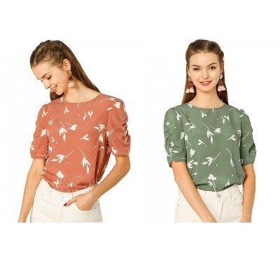 Allegra K Women's Floral Summer Crew Neck Casual Shirred Short Sleeve Blouse 2 Pcs