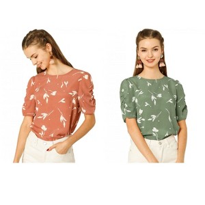 Allegra K Women's Floral Summer Crew Neck Casual Shirred Short Sleeve Blouse 2 Pcs - 1 of 4