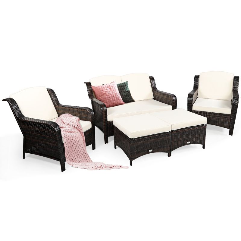 Tangkula 5 PCS Patio Rattan Sectional Sofa Set Outdoor Furniture Conversation Set Cushioned Loveseat Sofa Ottoman, 5 of 8