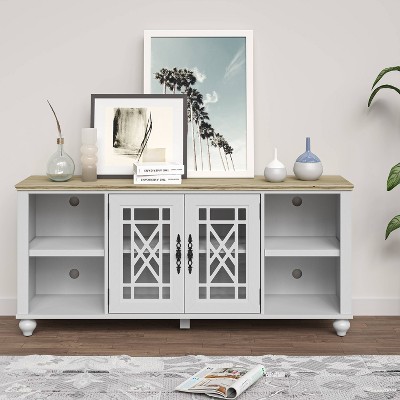 Vintage White and Oak 60" TV Stand with Carved Cabinet Doors