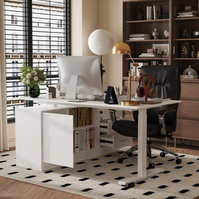 FUFU&GAGA L-Shape White Wooden Computer Desk Adjustable Height