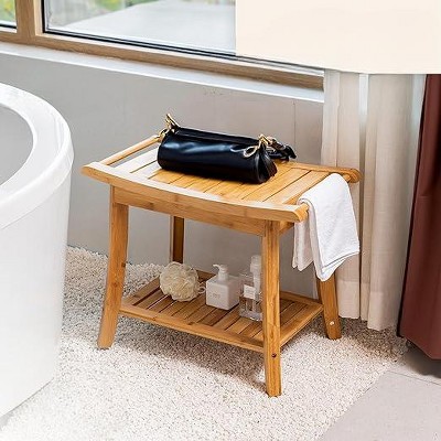 Tranquil Bamboo Shower Bench with Storage Shelf, Natural Finish
