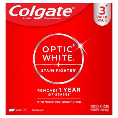 Colgate Optic White Stain Fighter Teeth Whitening Toothpaste - Anticavity Toothpaste with Fluoride - Clean Mint - 3.8oz/3pk