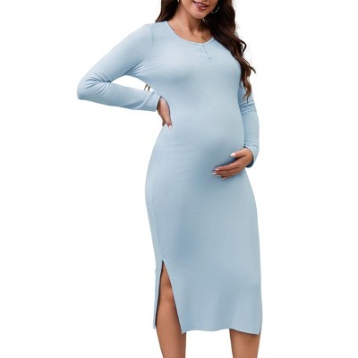 INSPIRE CHIC Women's Split Maternity Dress Long Sleeve Henley Collar Button Bodycon Ribbed Knit Pregnancy Photoshoot