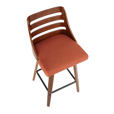 Set of 2 Orange Upholstered Walnut Wood Swivel Counter Stools