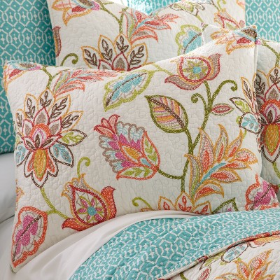 Sophia White and Teal Cotton Twin Reversible Quilt Set