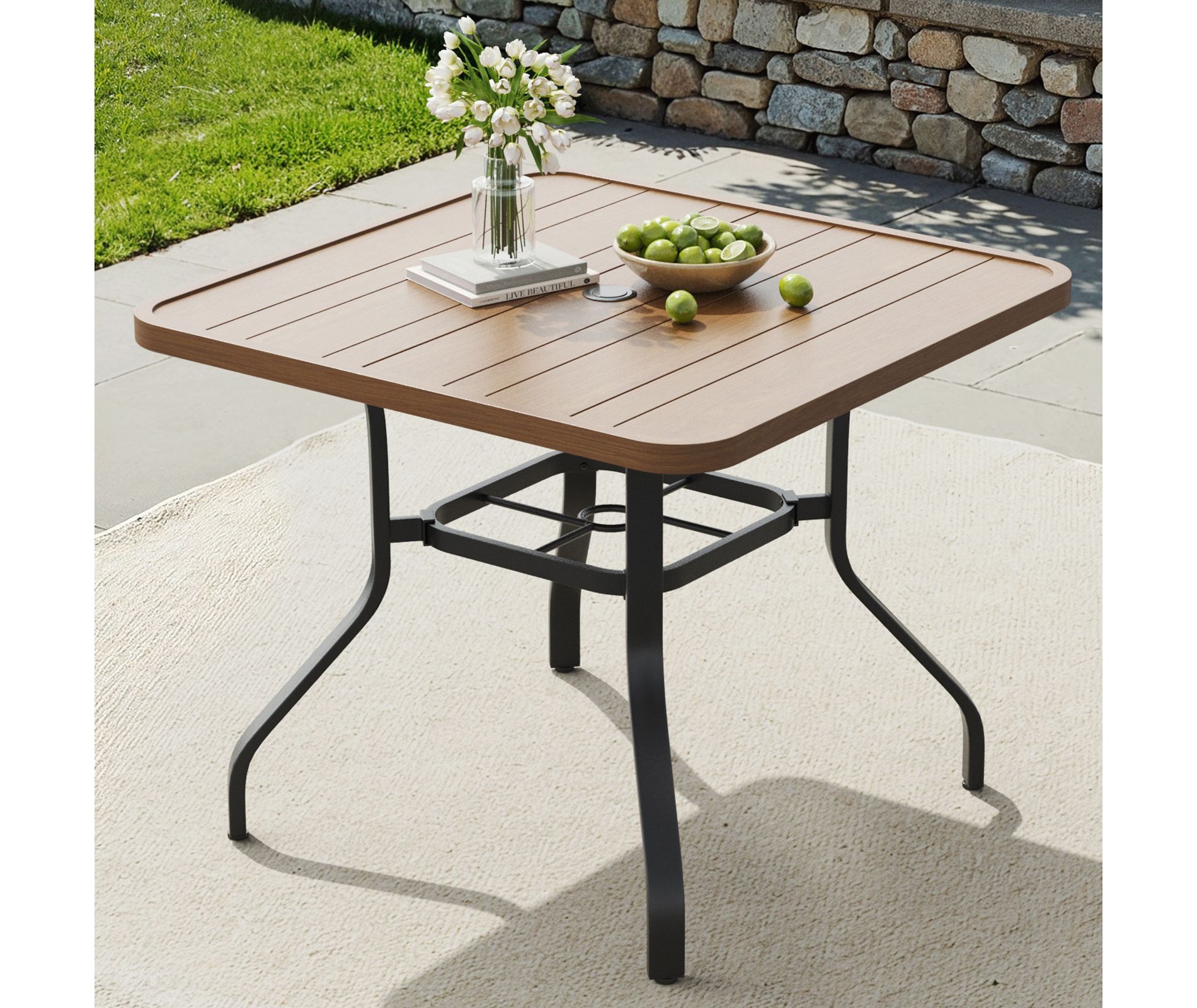 GDFStudio Emi Modern Metal Patio Square Dining Table with Umbrella Hole, Natural