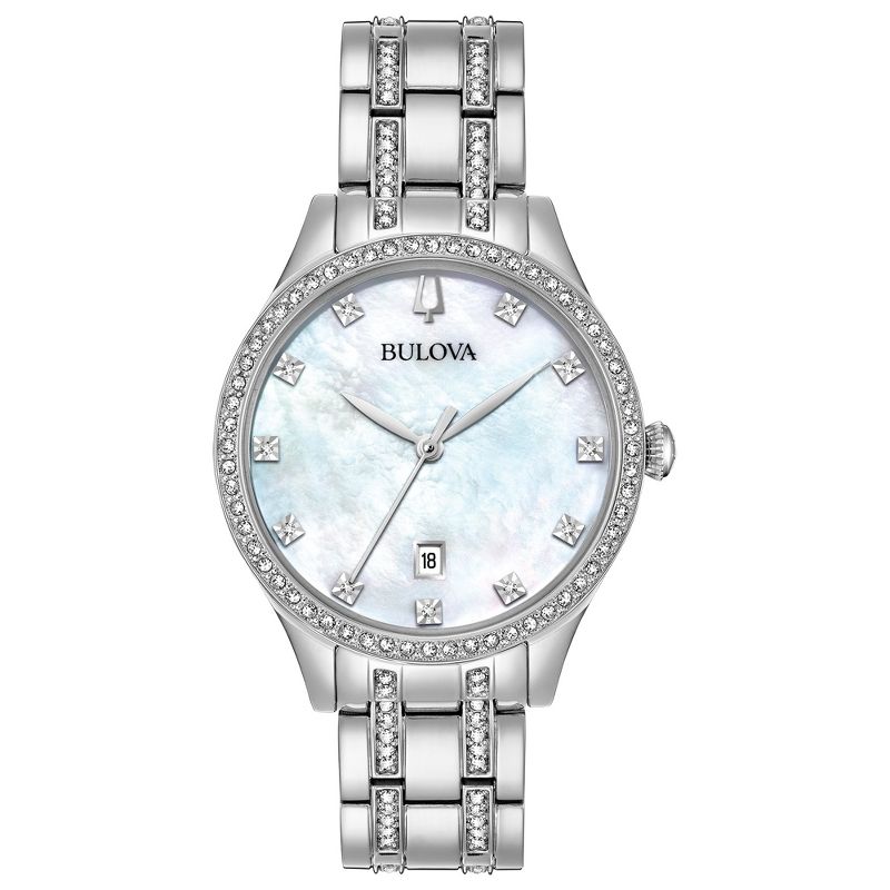 Bulova Ladies' Classic Crystal Stainless Steel 3-Hand Quartz Watch, White Mother-of-Pearl Dial, 1 of 7