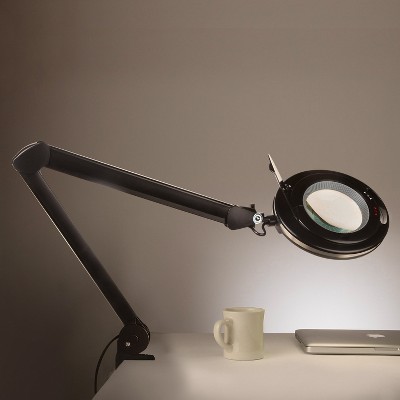 Brightech Lightview Pro 5 Diopter 2.25x Magnifier Adjustable and Dimmable Screw Clamp Desk and Tabletop Lamp with Built In LED Light, Black