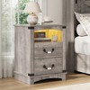 Wood Nightstand with 2 Storage Drawers, LED Light, Charger Station & Ceramic Handle, Farmhouse Night Stand - 3 of 4