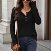 Women's Crew Neck Waffle Long Sleeve Top, Button - Front Loose Casual T - Shirt - 4 of 4