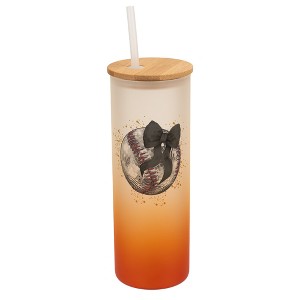 Elanze Designs 25 Ounce Frosted Glass Gradient Travel Tumbler With Straw and Wooden Lid, Baseball With Black Bow Orange - 1 of 1