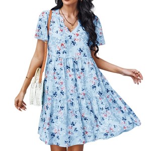 Anna-Kaci Women's Short Sleeve V-Neck Tiered Floral Print Mini Dress with Relaxed Flowing Silhouette - 1 of 4