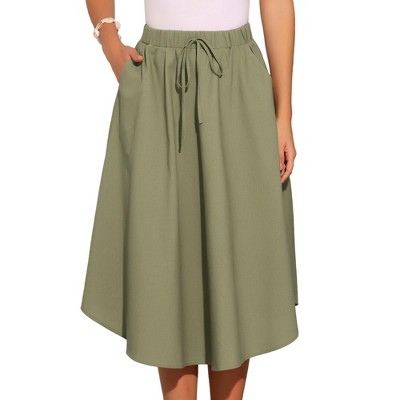 INSPIRE CHIC Women's Cotton Linen Casual High Elastic Waist Round Hem A-Line Midi Skirts