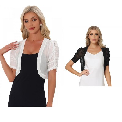 INSPIRE CHIC Women's Casual Short Sleeve Mesh Sheer Open Front Cropped Cardigan Shrug 2 Packs