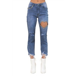Women's Dacia Embellished Heart Cut Out Denim Ankle Jeans - Blue B - 1 of 4