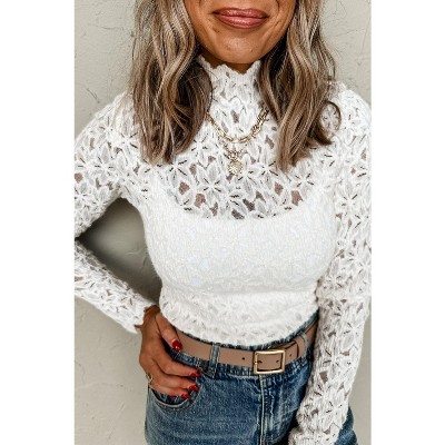 I AM A FASHION JUNKY White Lace Flower See Through Slim Fit Long Sleeve Top