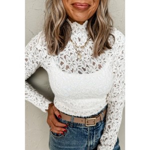 I AM A FASHION JUNKY White Lace Flower See Through Slim Fit Long Sleeve Top - 1 of 4
