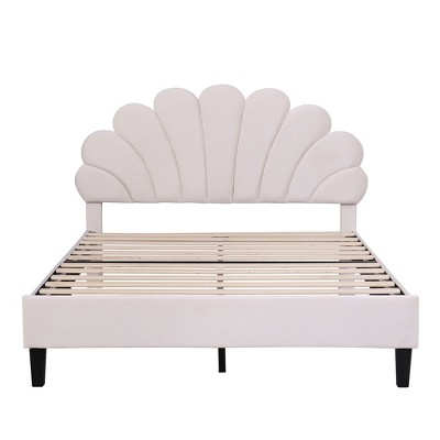 NicBex Full Size Upholstered Platform Bed Frame with Flower Pattern Beige