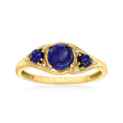 Ross-Simons Lapis 3-Stone Ring With Diamond Accents in 10kt Yellow Gold
