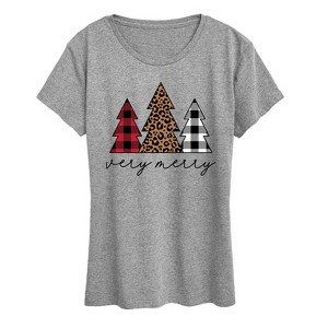 Women's - Instant Message - Very Merry Plaid Leopard Trees Short Sleeve Graphic T-Shirt - 1 of 4