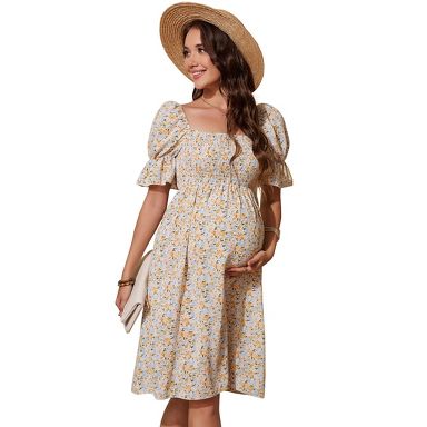 Clearlove Women's Floral Print Square Neck Shirred Puff Sleeve Maternity Dress Nursing Friendly Bump Flowy Midi Yellow XXL