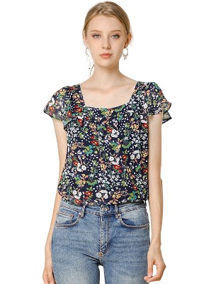 INSPIRE CHIC Women's Chiffon Ruffle Sleeve Square Neck Floral Print Blouse